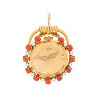 TIFFANY & CO., FRENCH, RETRO, YELLOW GOLD, DIAMOND AND CORAL TRAVEL CLOCK/PENDANT