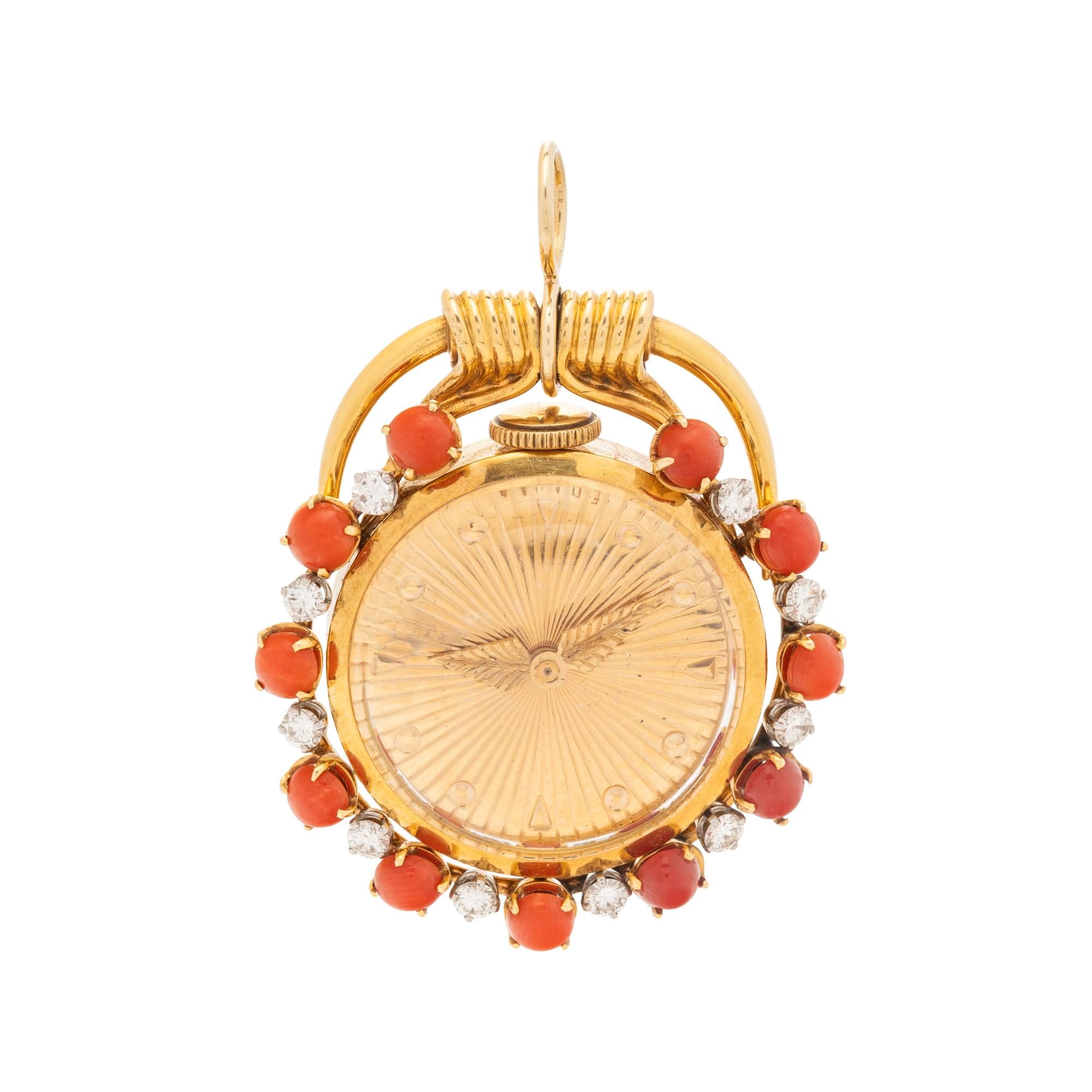 TIFFANY & CO., FRENCH, RETRO, YELLOW GOLD, DIAMOND AND CORAL TRAVEL CLOCK/PENDANT