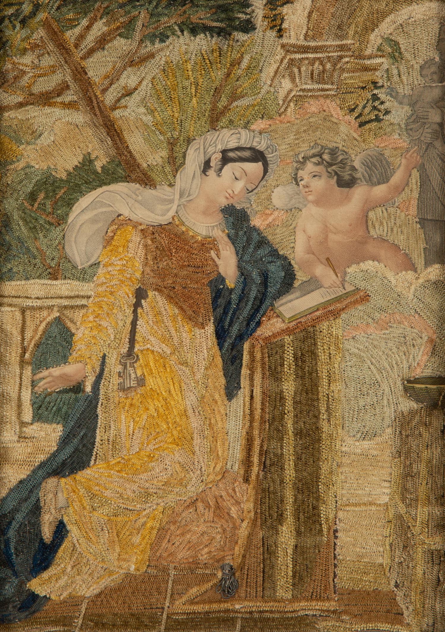 An English Needlework, Silk and Paper Collage Depicting a Woman At Prayer