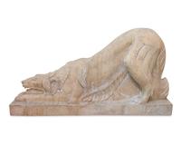 A Pair of Carved Marble Crouching Dogs — 20TH CENTURY