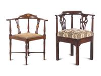 An Edwardian Boxwood-Strung Mahogany Corner Chair and a Similar Mahogany Corner Chair