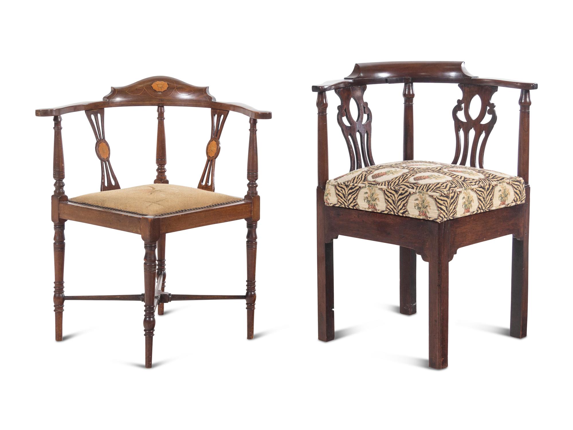 An Edwardian Boxwood-Strung Mahogany Corner Chair and a Similar Mahogany Corner Chair