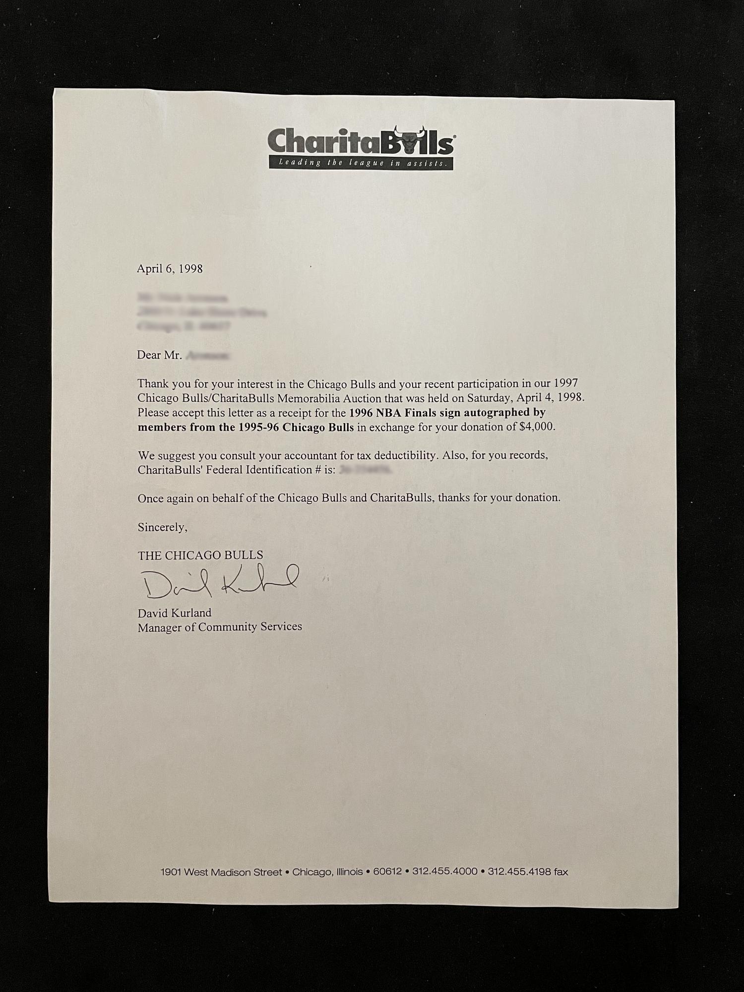 An Exceptionally Rare 1996 NBA Finals Chicago Bulls Team Signed Autograph Locker Room Sign Including Michael Jordan (Bulls Letter and Beckett Authentication Letter BAS Services Certified)