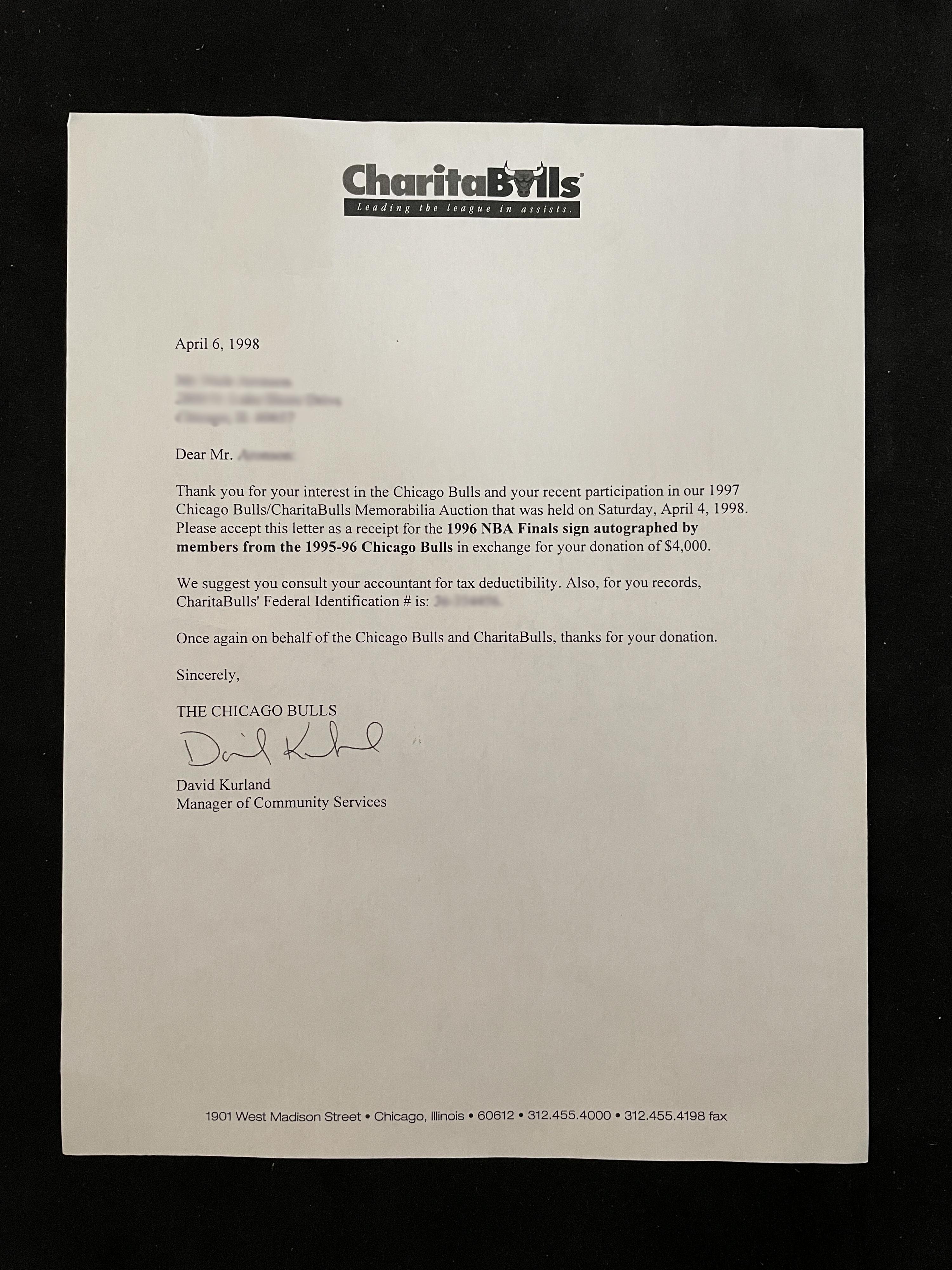 An Exceptionally Rare 1996 NBA Finals Chicago Bulls Team Signed Autograph Locker Room Sign Including Michael Jordan (Bulls Letter and Beckett Authentication Letter BAS Services Certified)