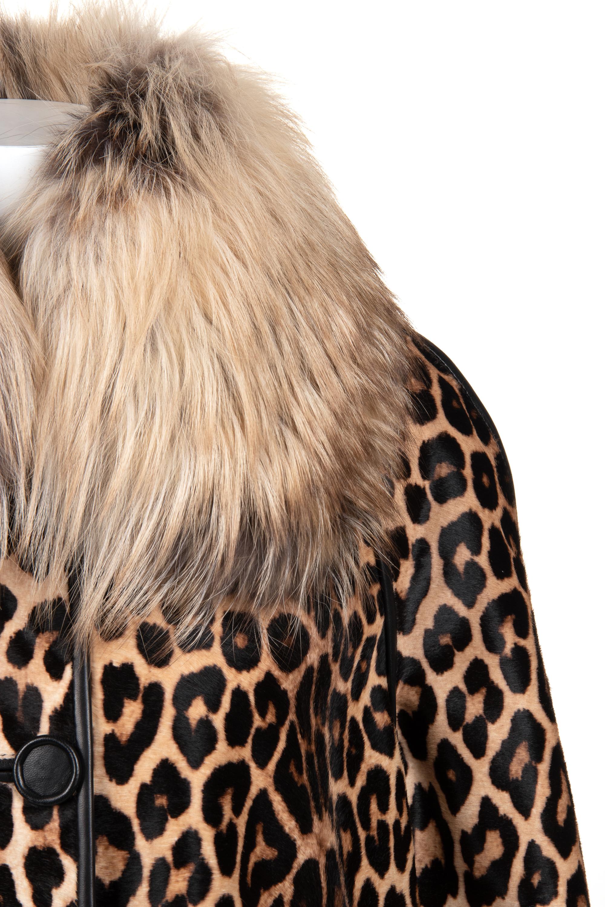 J. Mendel Leopard Print Cavallino Trench Coat with Fox Collar