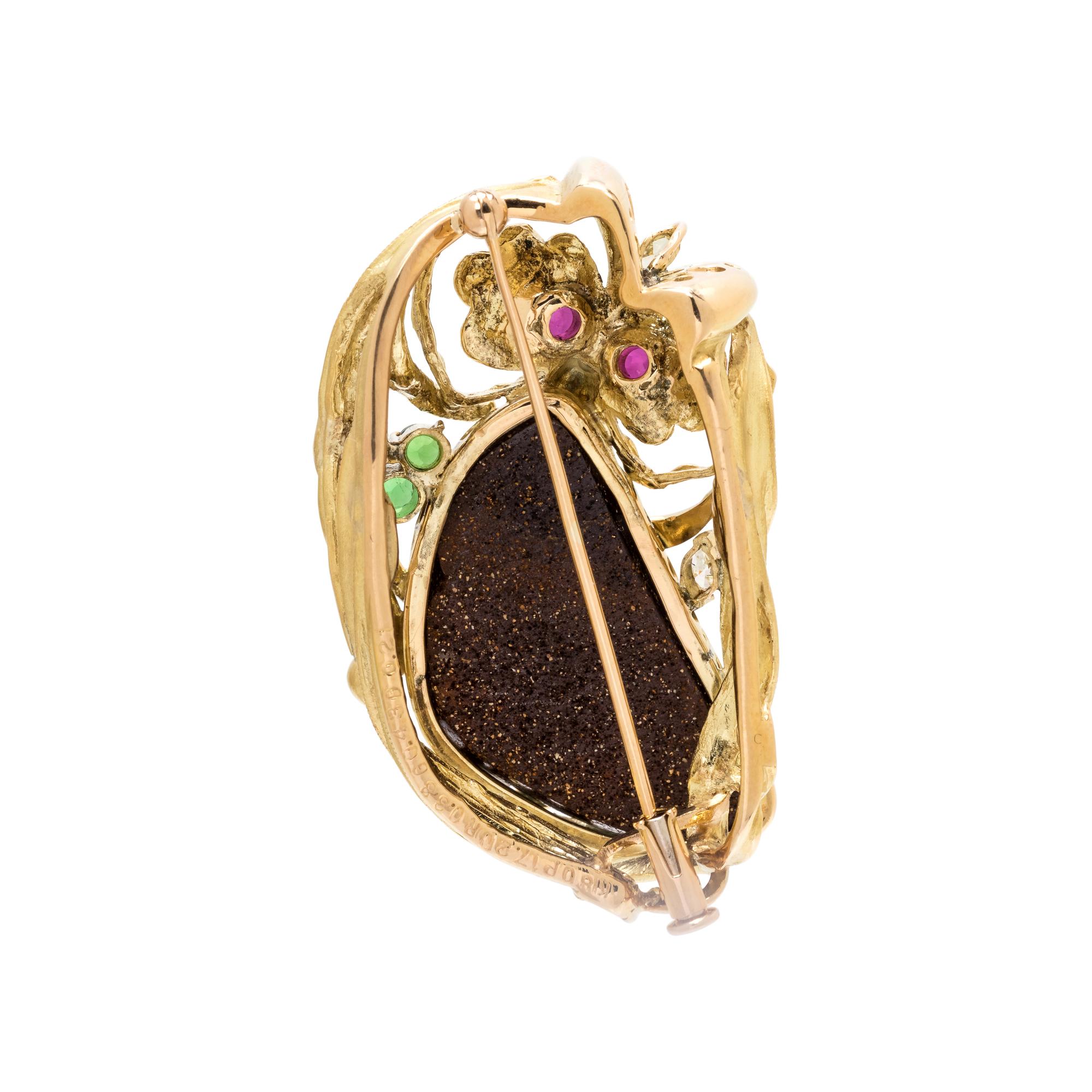 YELLOW GOLD, BOULDER OPAL, GEMSTONE AND DIAMOND OWL BROOCH