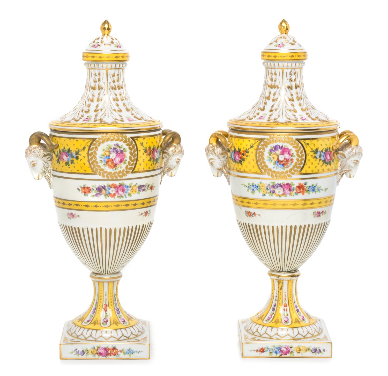 A Pair of Dresden Porcelain Urns Height 15 3/8 inches.