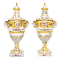 A Pair of Dresden Porcelain Urns Height 15 3/8 inches.
