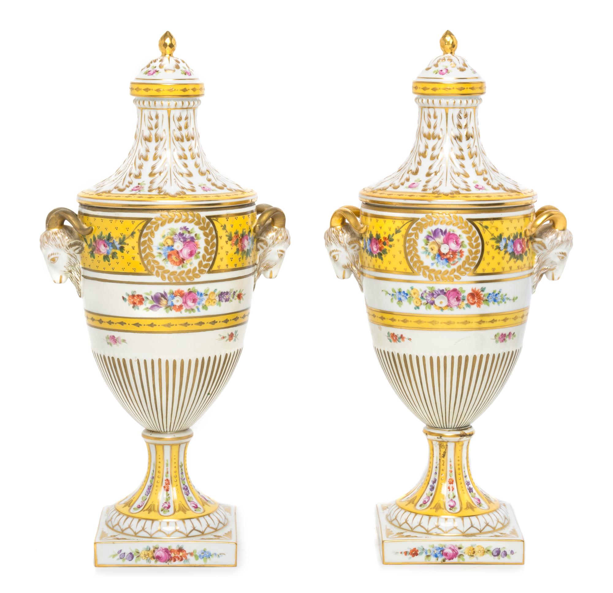A Pair of Dresden Porcelain Urns Height 15 3/8 inches.