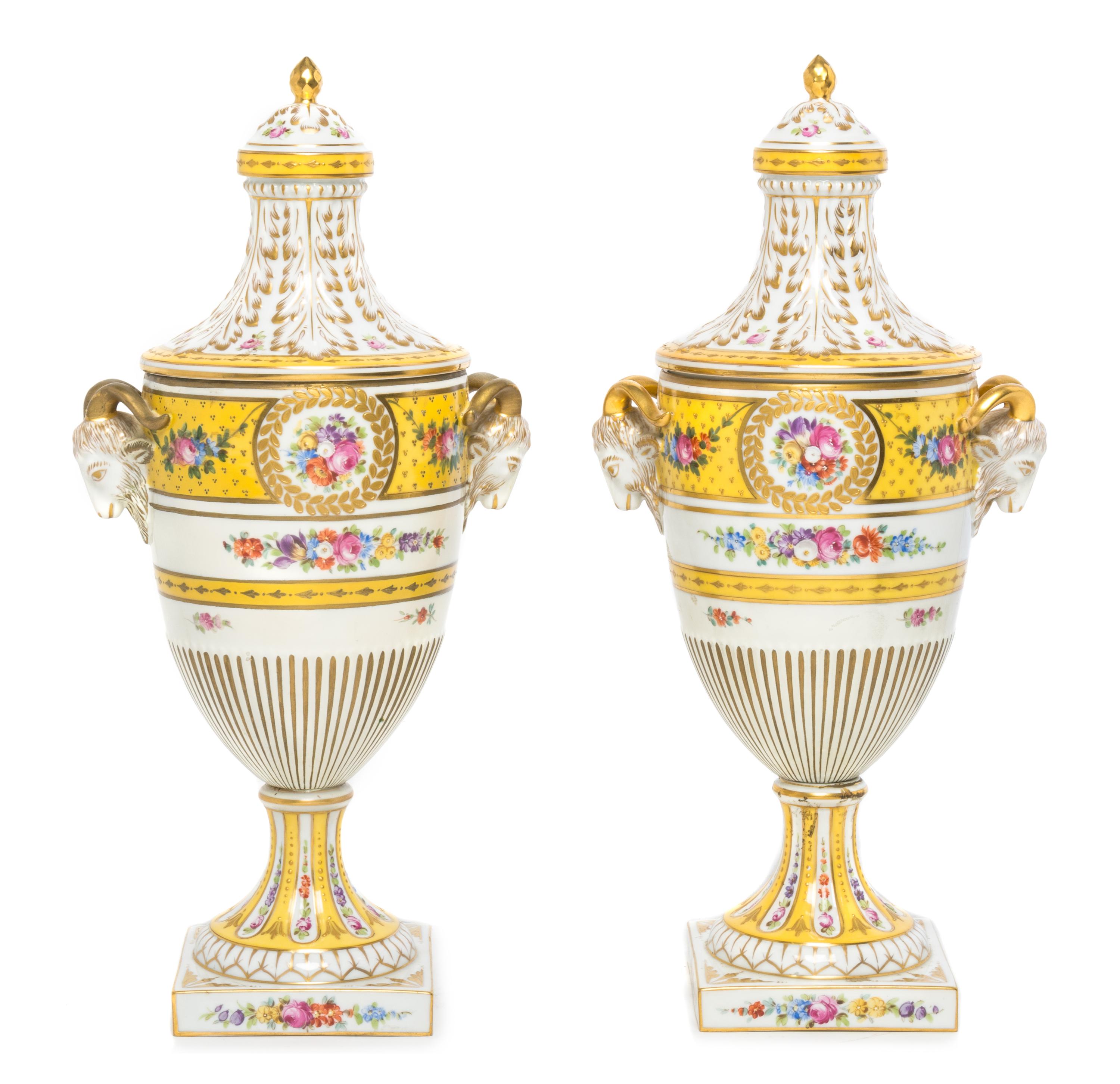 A Pair of Dresden Porcelain Urns Height 15 3/8 inches.