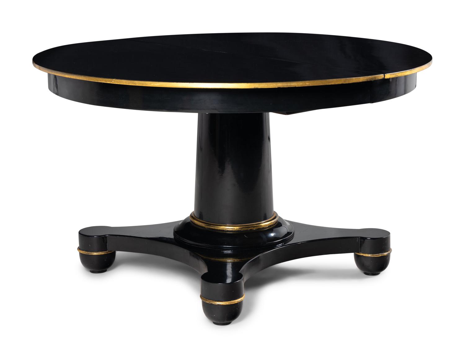 A Biedermeier Black Painted and Parcel-Gilt Pedestal Dining Table