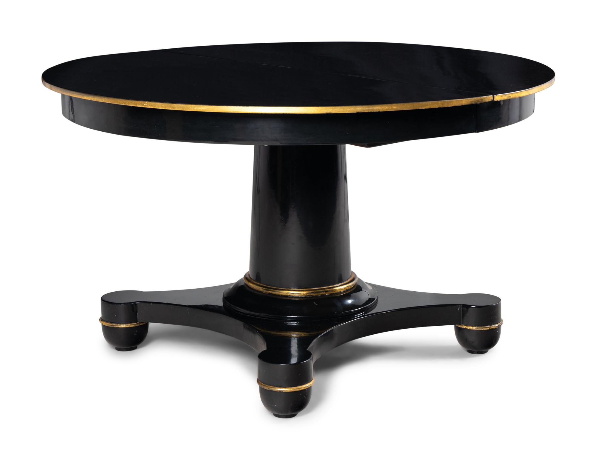 A Biedermeier Black Painted and Parcel-Gilt Pedestal Dining Table
