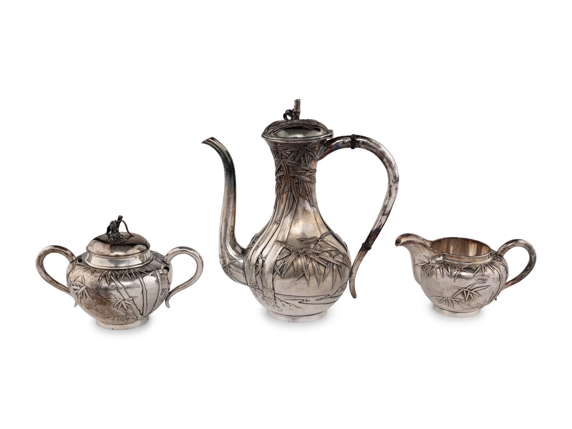 Three Japanese Silver 'Bamboo' Tea Wares