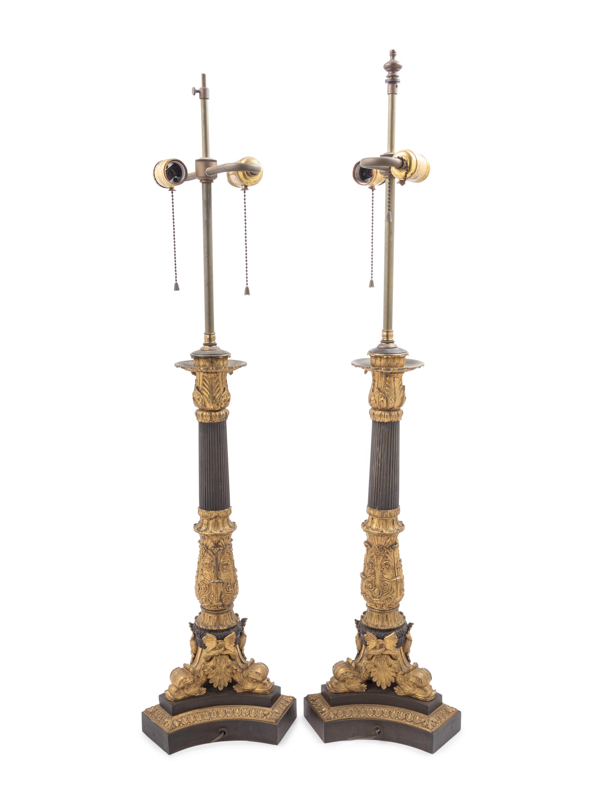 A Pair of Louis Philippe Gilt and Patinated Bronze Candelabra Mounted as Lamps