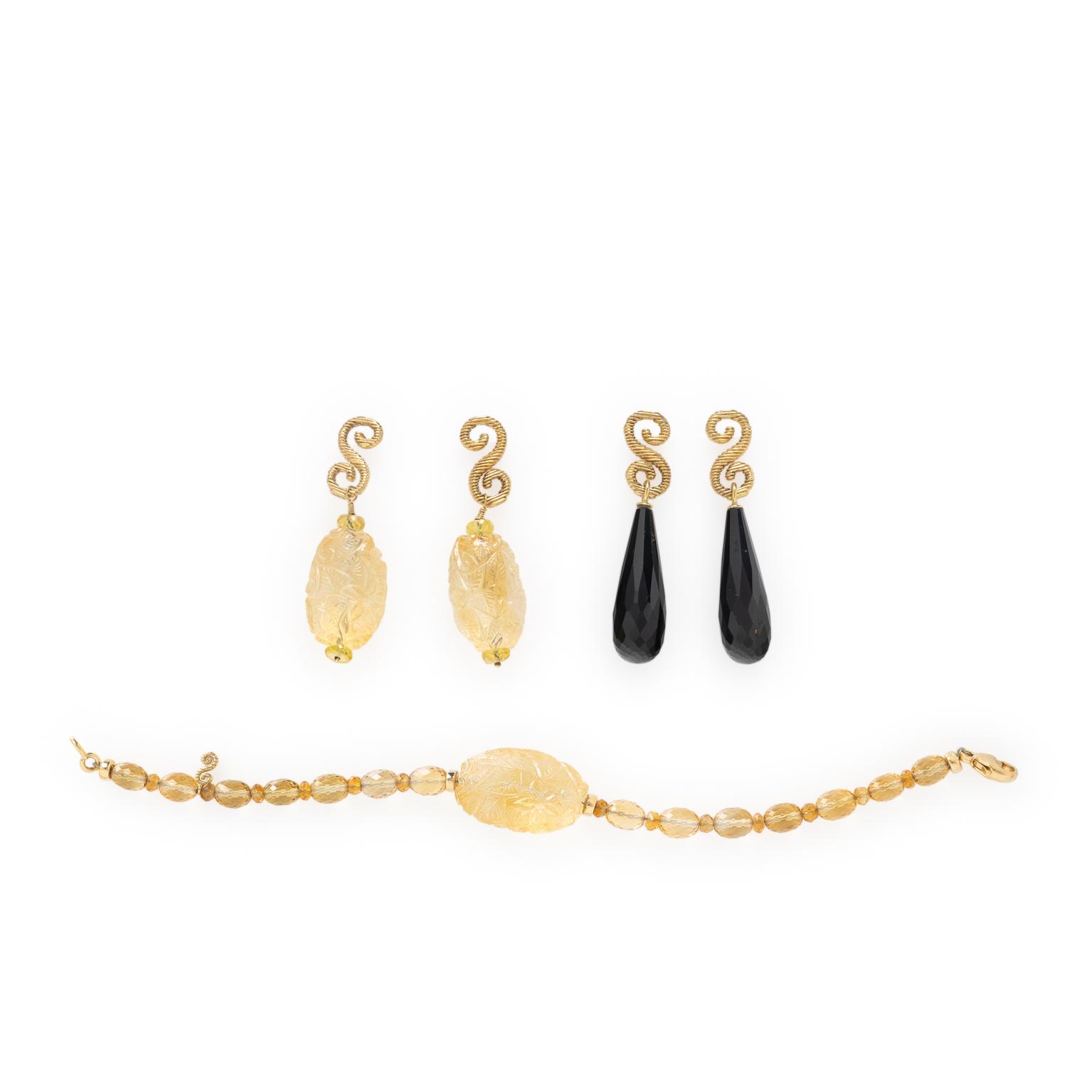 Splendid Co., Carved Citrine Bracelet and Earrings, and Black Spinel Teardrop Earrings