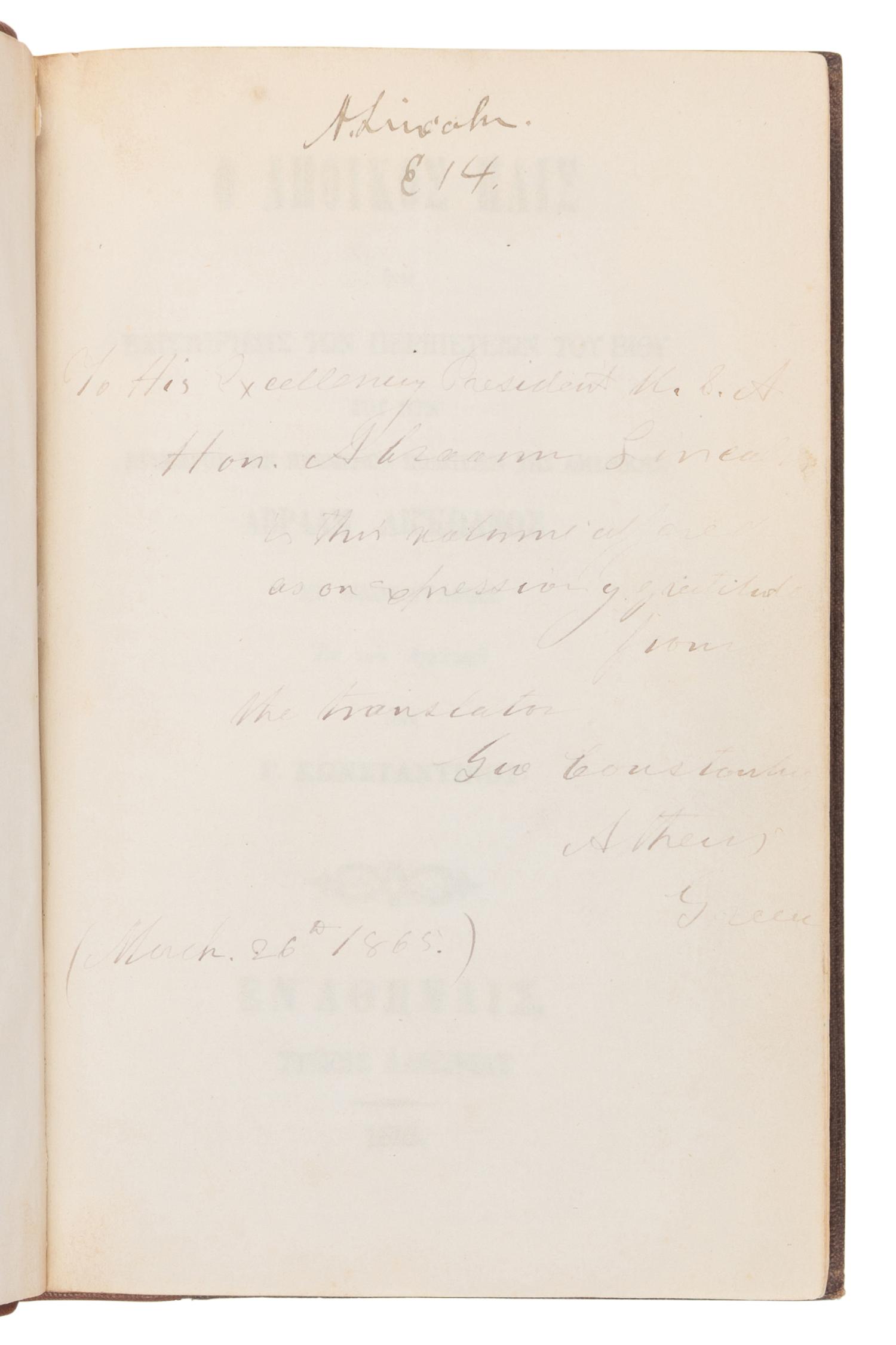 [LINCOLN, Abraham (1809-1865)]. -- THAYER, William M. (1820-1898). The Pioneer Boy [in Greek]. Translated by George Constantine. Athens: Typois Lakōnias, 1865.