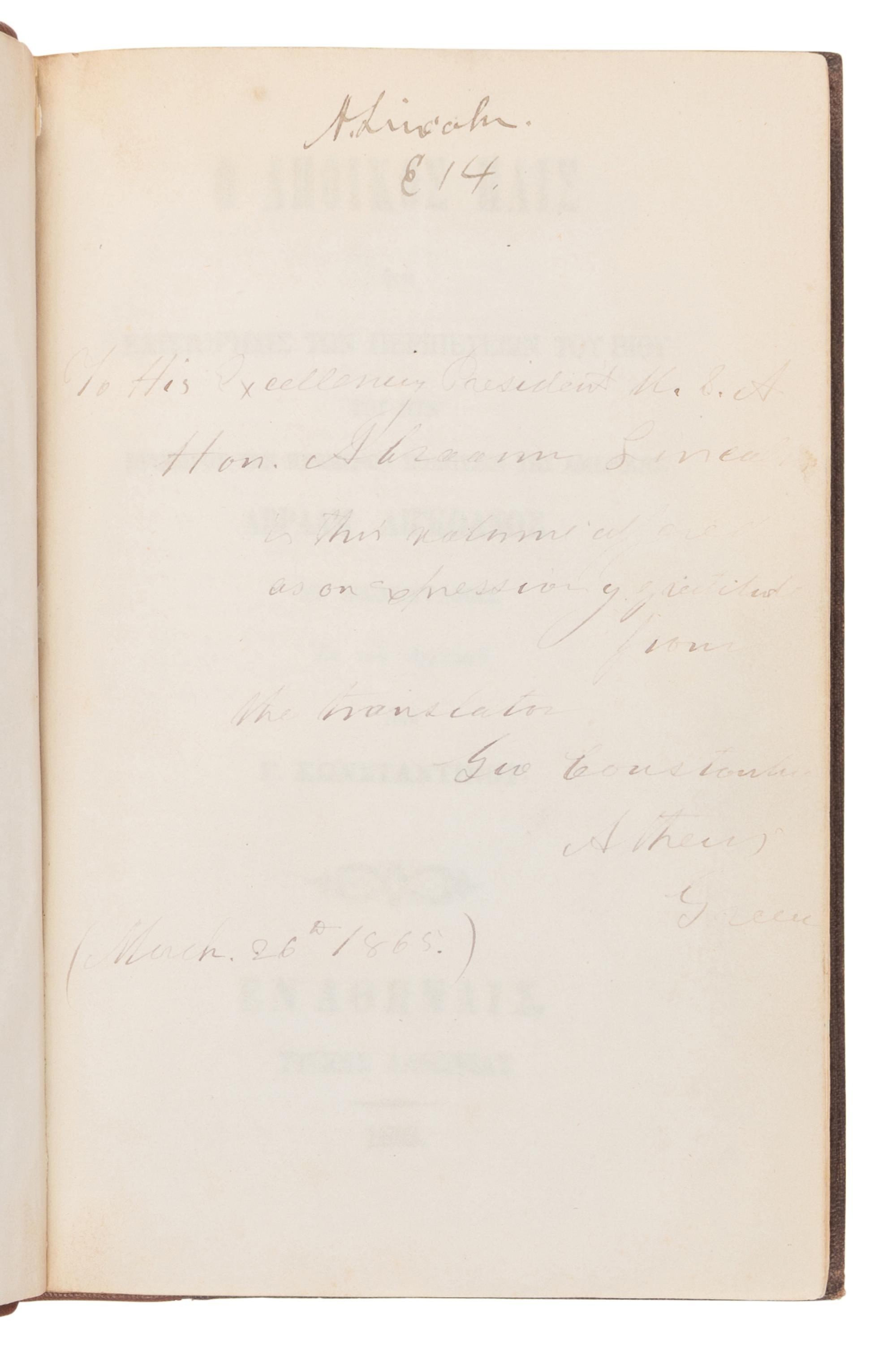 [LINCOLN, Abraham (1809-1865)]. -- THAYER, William M. (1820-1898). The Pioneer Boy [in Greek]. Translated by George Constantine. Athens: Typois Lakōnias, 1865.