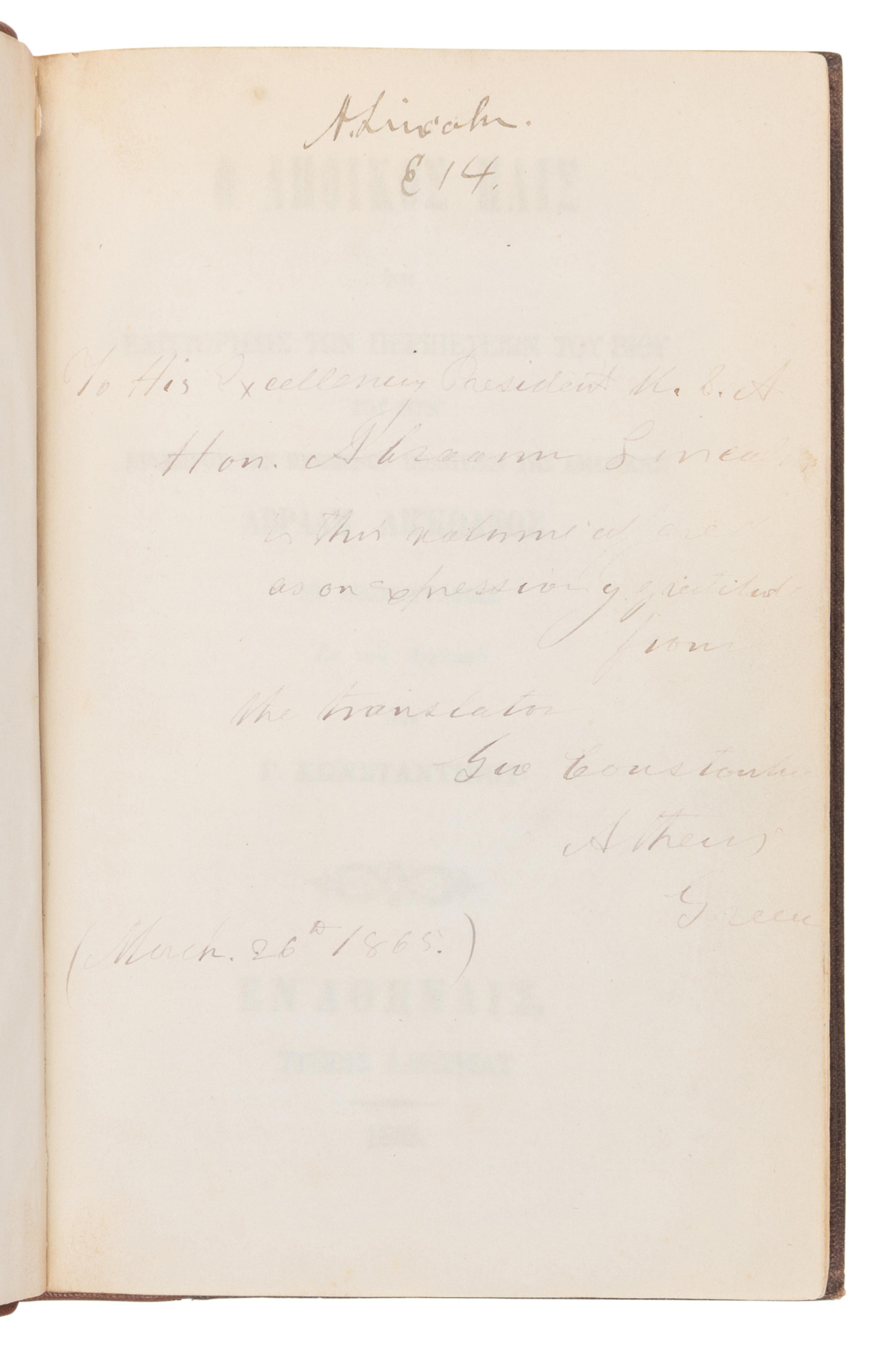 [LINCOLN, Abraham (1809-1865)]. -- THAYER, William M. (1820-1898). The Pioneer Boy [in Greek]. Translated by George Constantine. Athens: Typois Lakōnias, 1865.