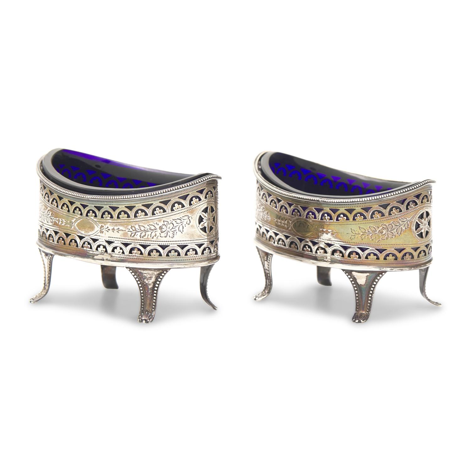 A Pair of George III Engraved and Pierced Silver Lozenge-Form Salt Cellars