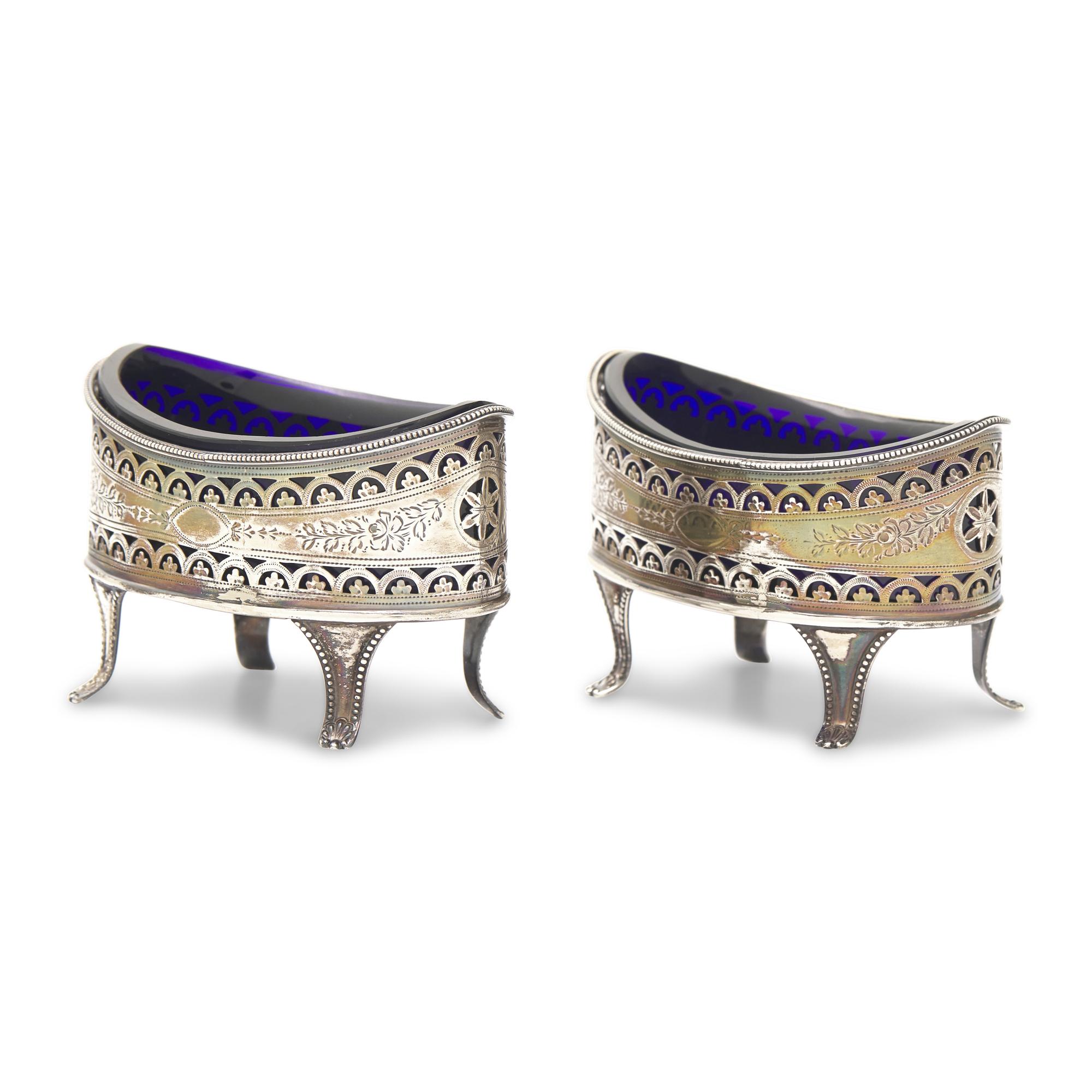 A Pair of George III Engraved and Pierced Silver Lozenge-Form Salt Cellars