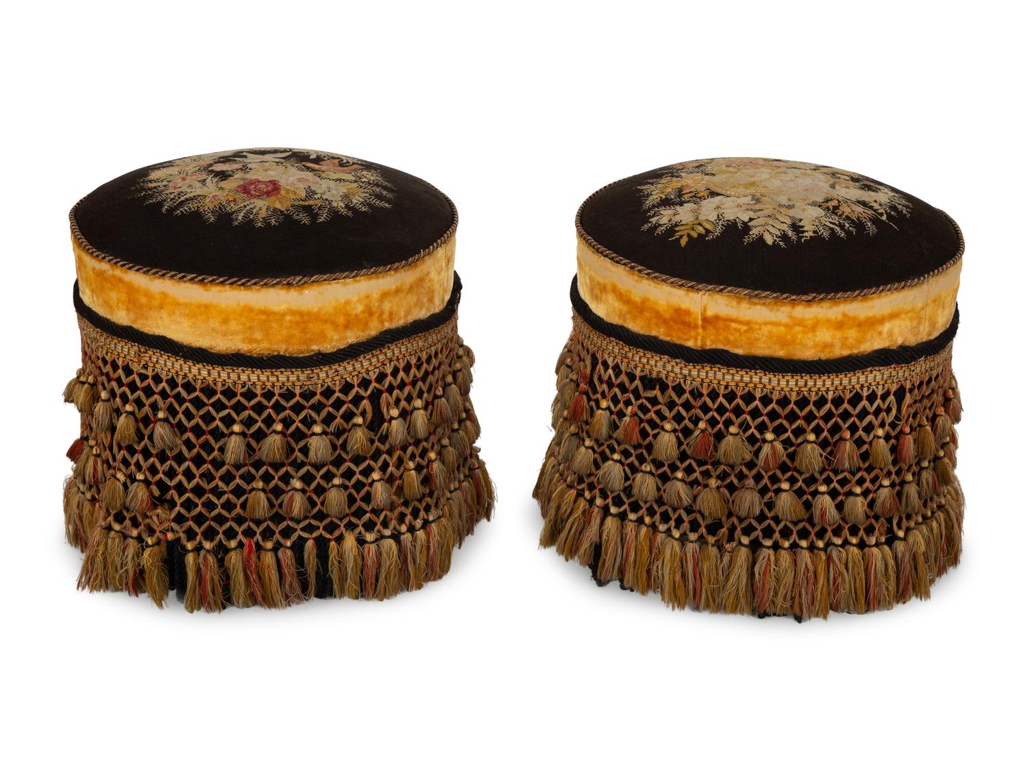 A Pair of Regency Style Needlework, Velvet and Fringed Circular Stools