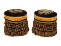A Pair of Regency Style Needlework, Velvet and Fringed Circular Stools