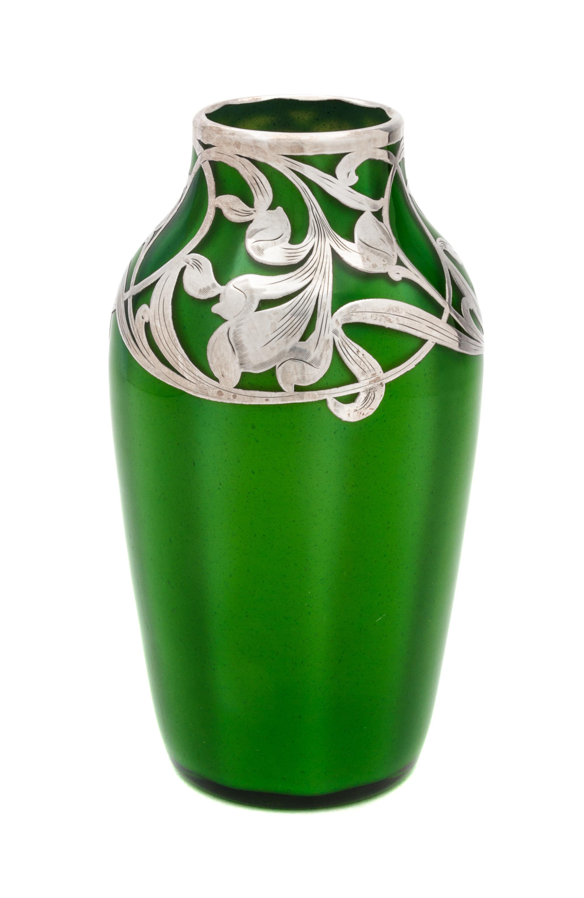 A Loetz Silver Overlay Grun Metallin Glass Vase Height 6 1/2 inches.