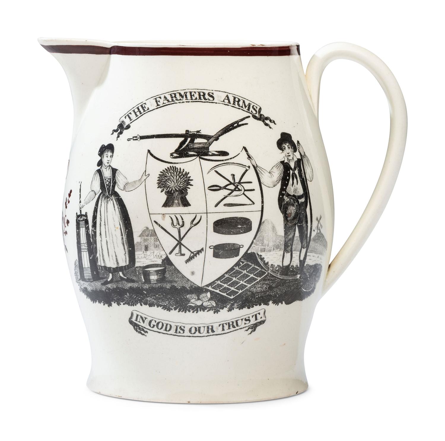 A Liverpool Creamware 'Farmer's Arms' Portrait Pitcher