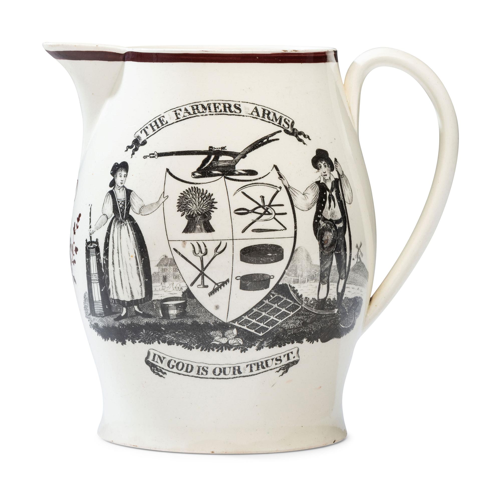 A Liverpool Creamware 'Farmer's Arms' Portrait Pitcher