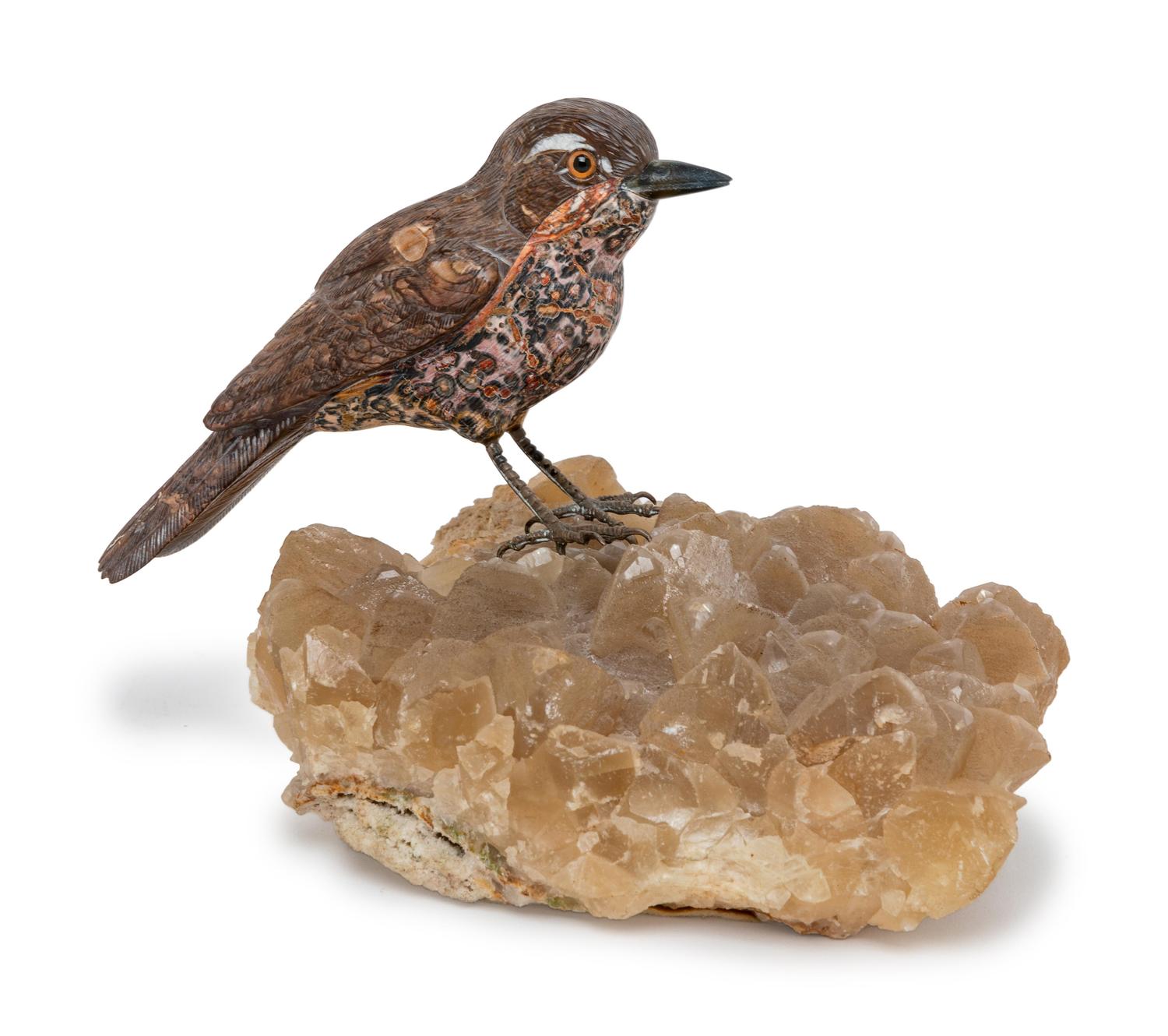 A Carved Agate Figure of a Falcon and a Carved Jasper Figure of a Wren