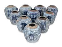 10 Chinese Blue and White Porcelain 'Double Happiness' Jars