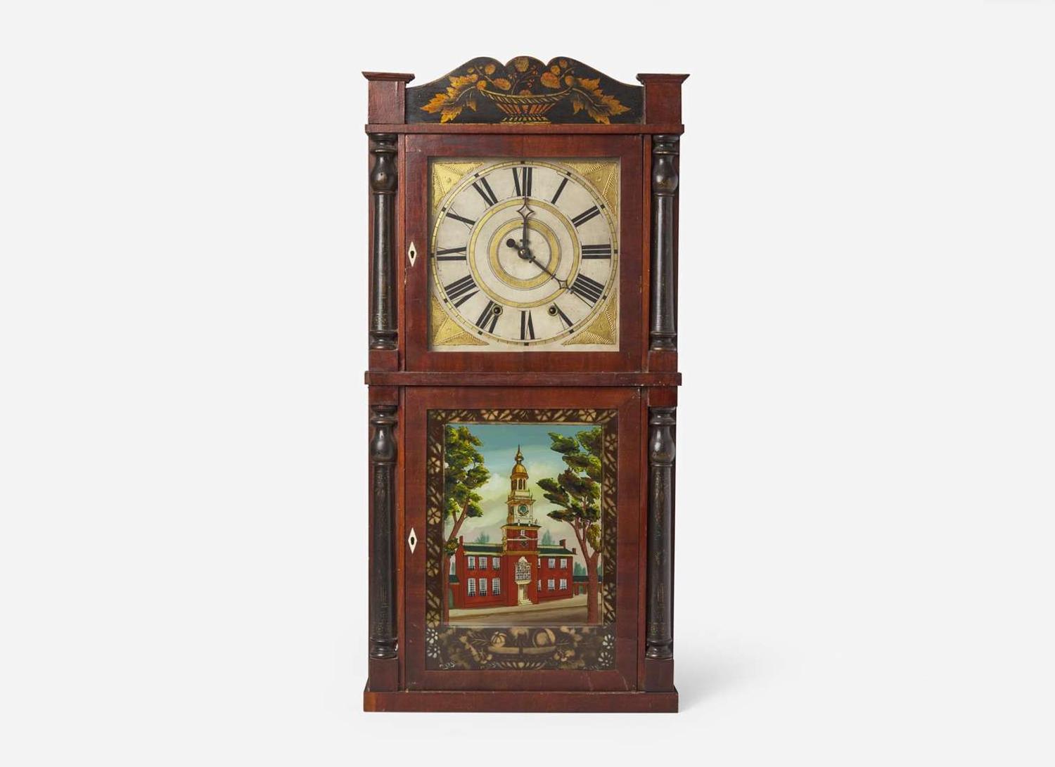A rare painted, stenciled and mahogany "Independence Hall" mantel clock, bears printed label of Chauncey Boardman & Joseph Wells, Bristol, CT, circa 1830