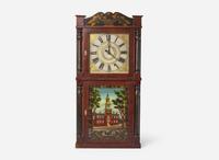 A rare painted, stenciled and mahogany "Independence Hall" mantel clock, bears printed label of Chauncey Boardman & Joseph Wells, Bristol, CT, circa 1830