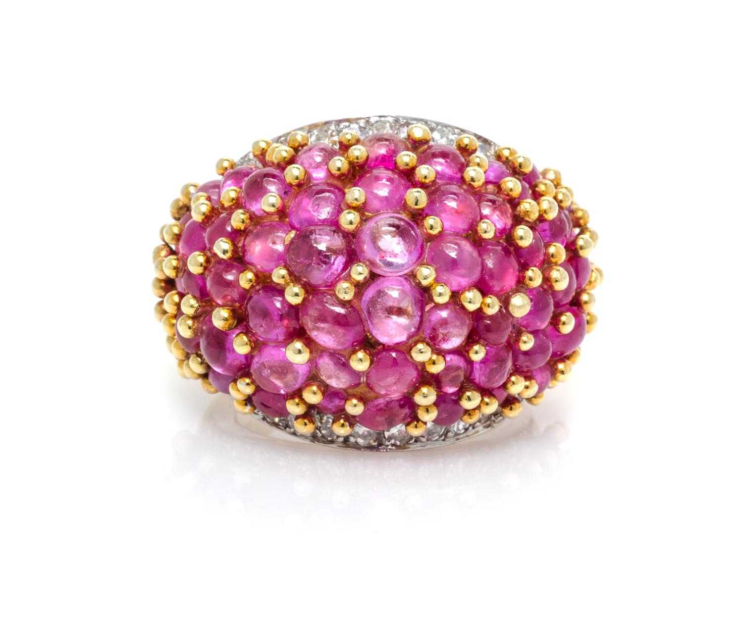An 18 Karat Yellow Gold, Platinum, Pink Sapphire and Diamond Bombe Ring, 13.70 dwts.