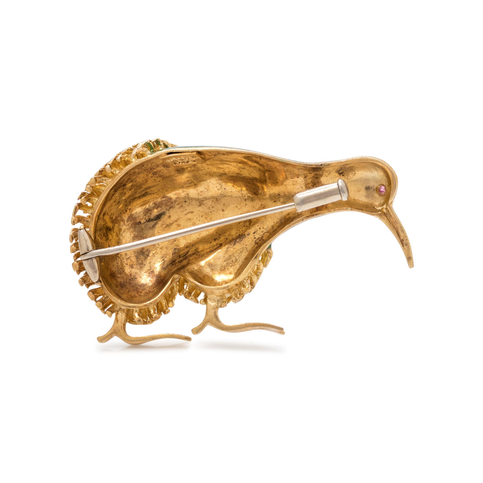 CORLETTO, YELLOW GOLD AND ENAMEL KIWI BROOCH