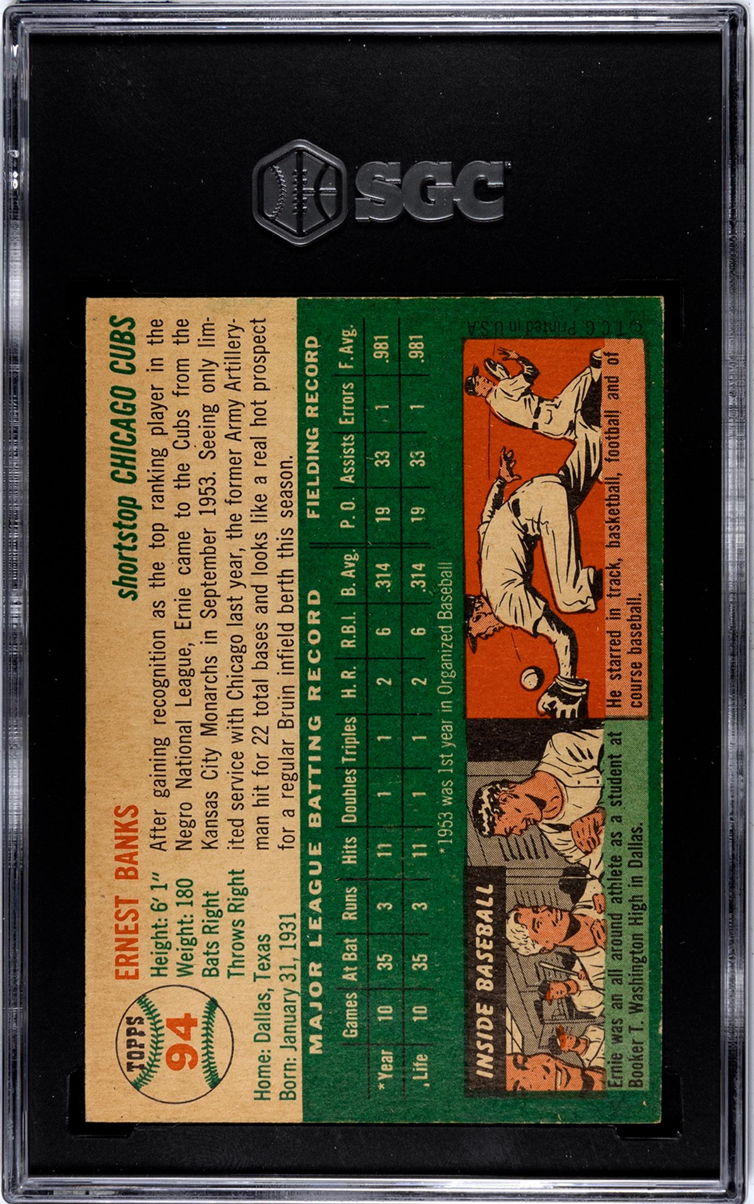 A 1954 Topps Ernie Banks Rookie Baseball Card No. 94 (SGC 2.5 GOOD+)