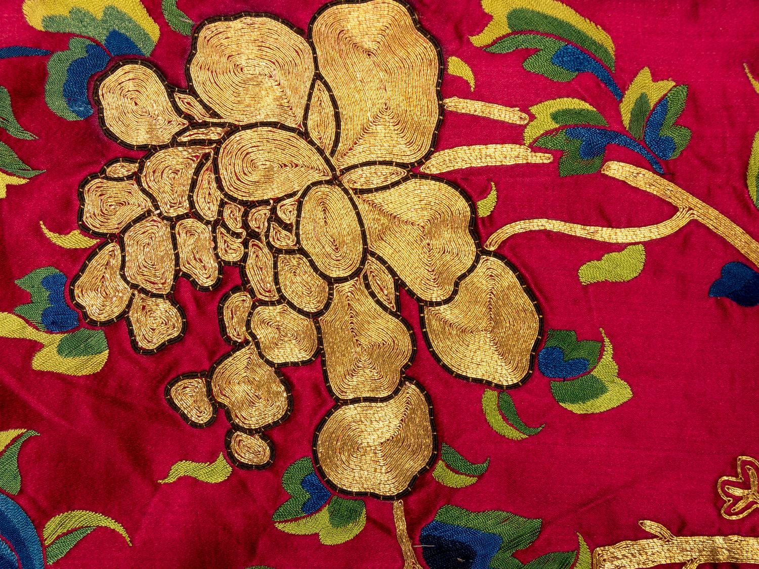 An Impressively Large Chinese Burgundy Ground Embroidered Silk 'Birthday' Wall Panel, Dated 1868 清同治七年（1868） 絳紅緞綉賀壽圖大挂屏
