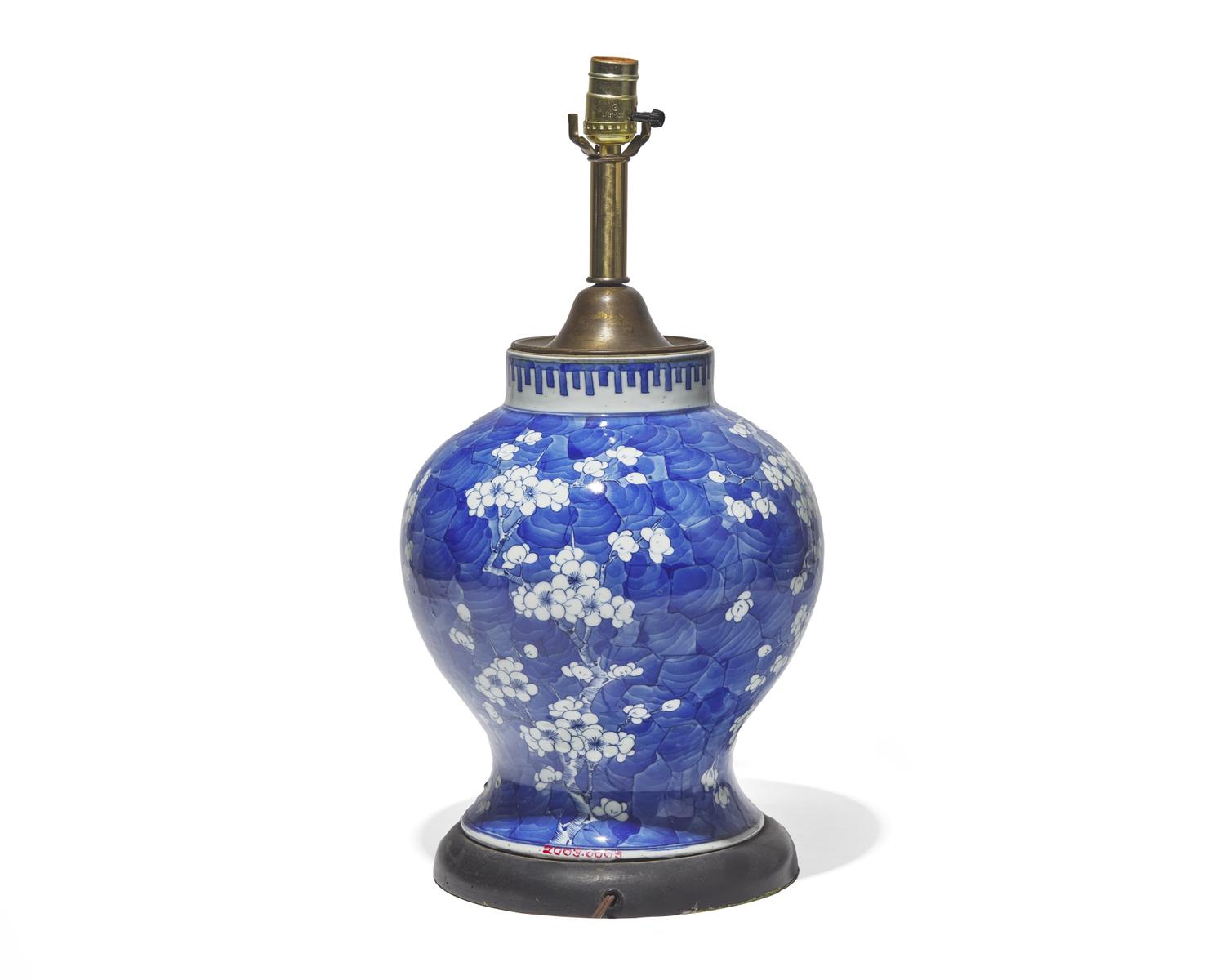 A Chinese Export porcelain blue and white baluster vase mounted as a lamp, the vase circa 1875-1900