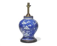 A Chinese Export porcelain blue and white baluster vase mounted as a lamp, the vase circa 1875-1900