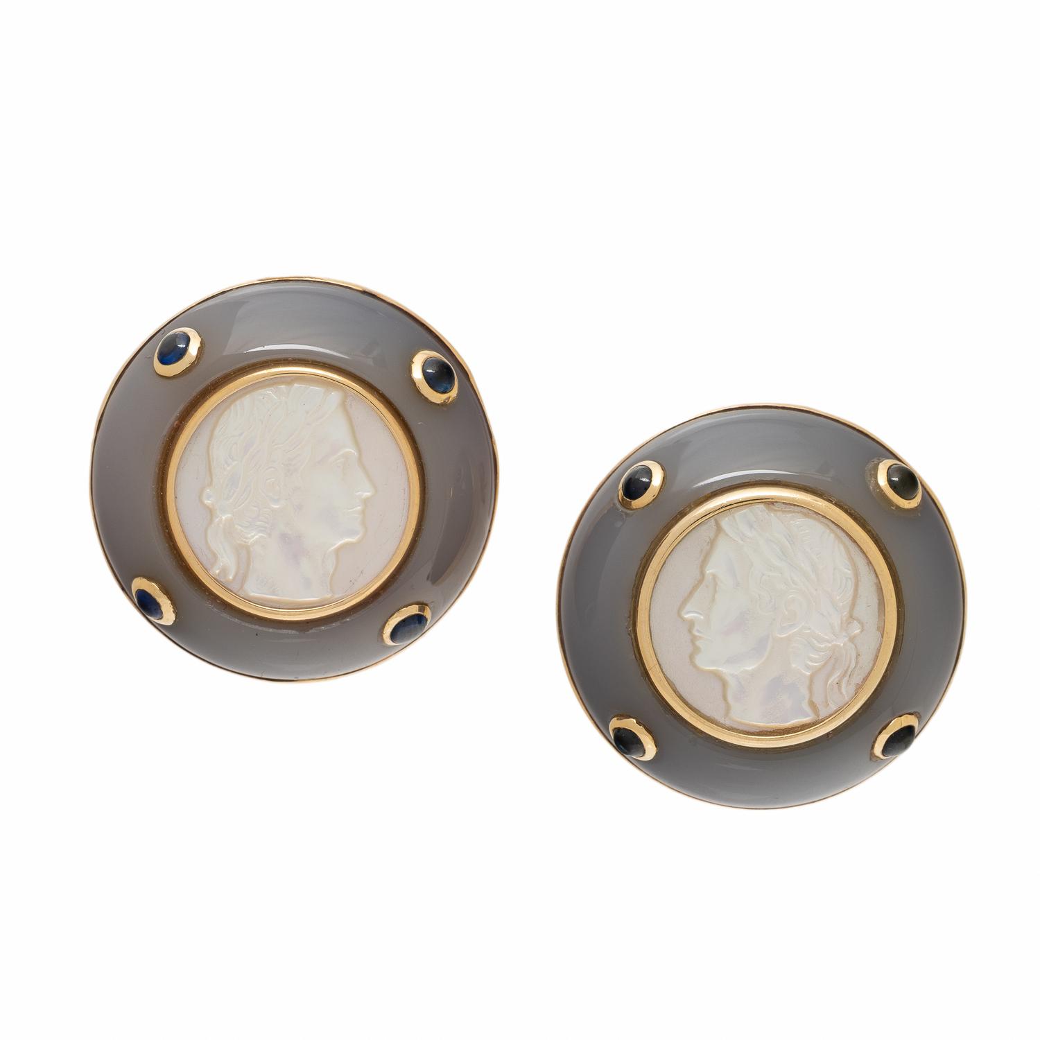 Trianon, Mother-of-Pearl Cameo, Chalcedony, Sapphire, and Yellow Gold Earrings