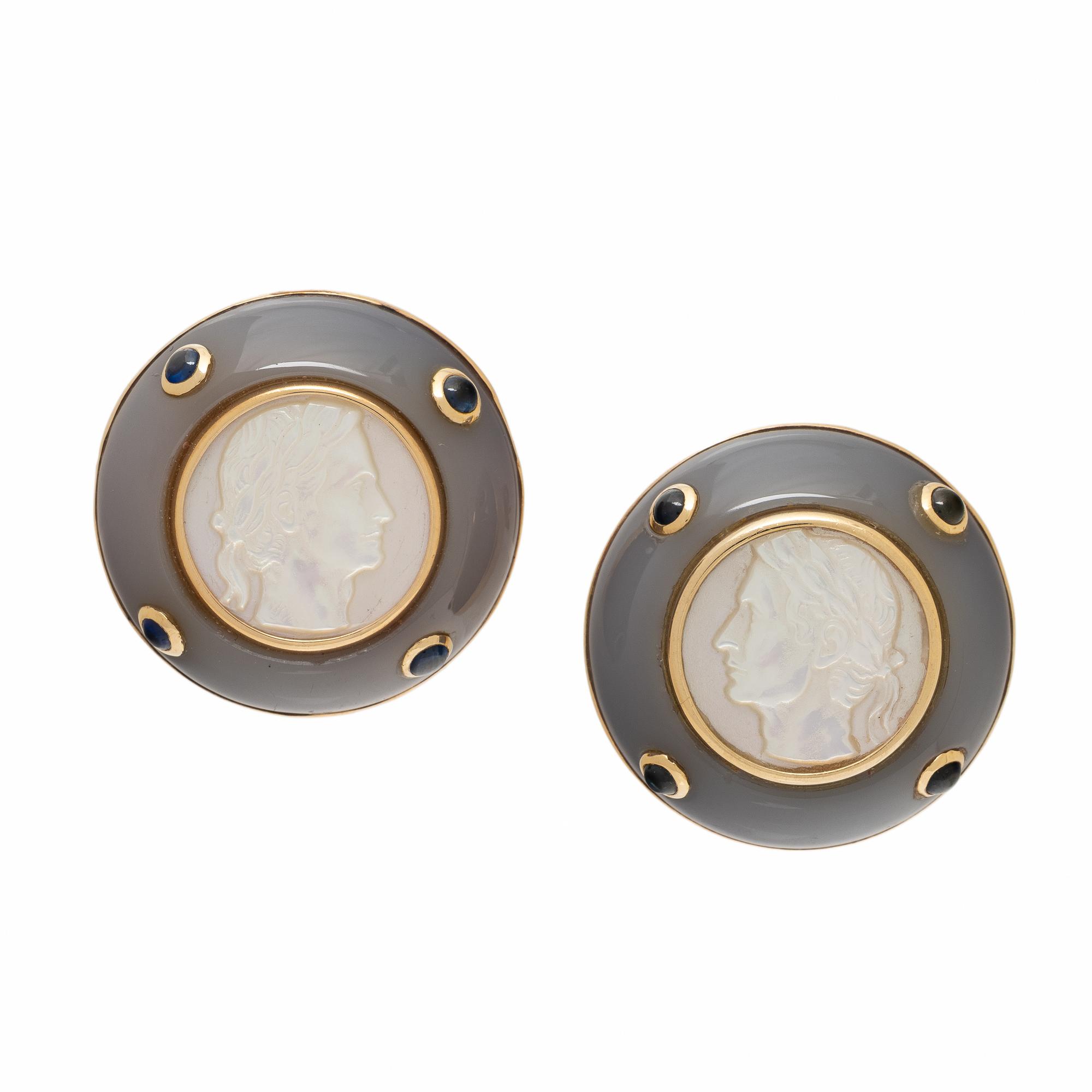 Trianon, Mother-of-Pearl Cameo, Chalcedony, Sapphire, and Yellow Gold Earrings