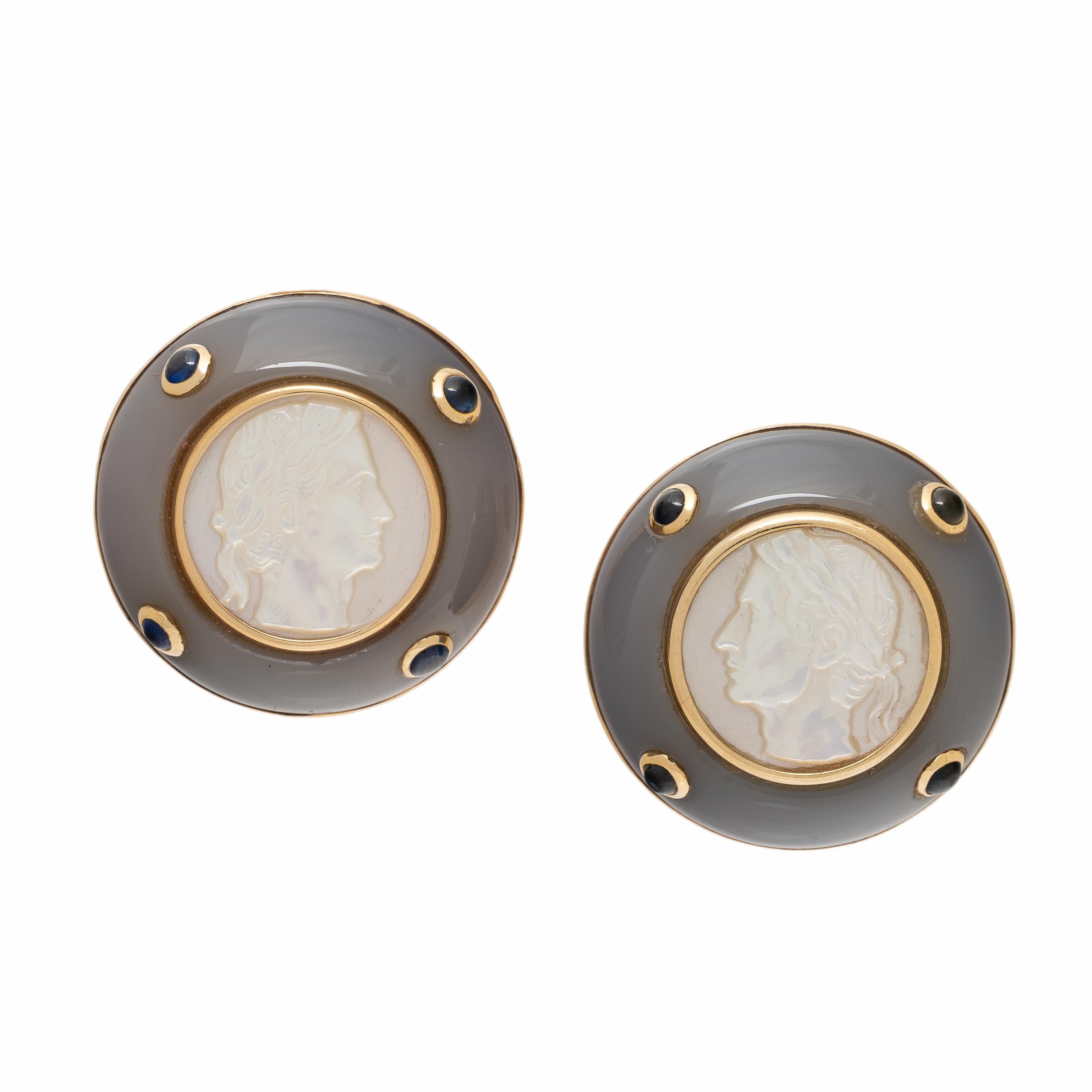 Trianon, Mother-of-Pearl Cameo, Chalcedony, Sapphire, and Yellow Gold Earrings