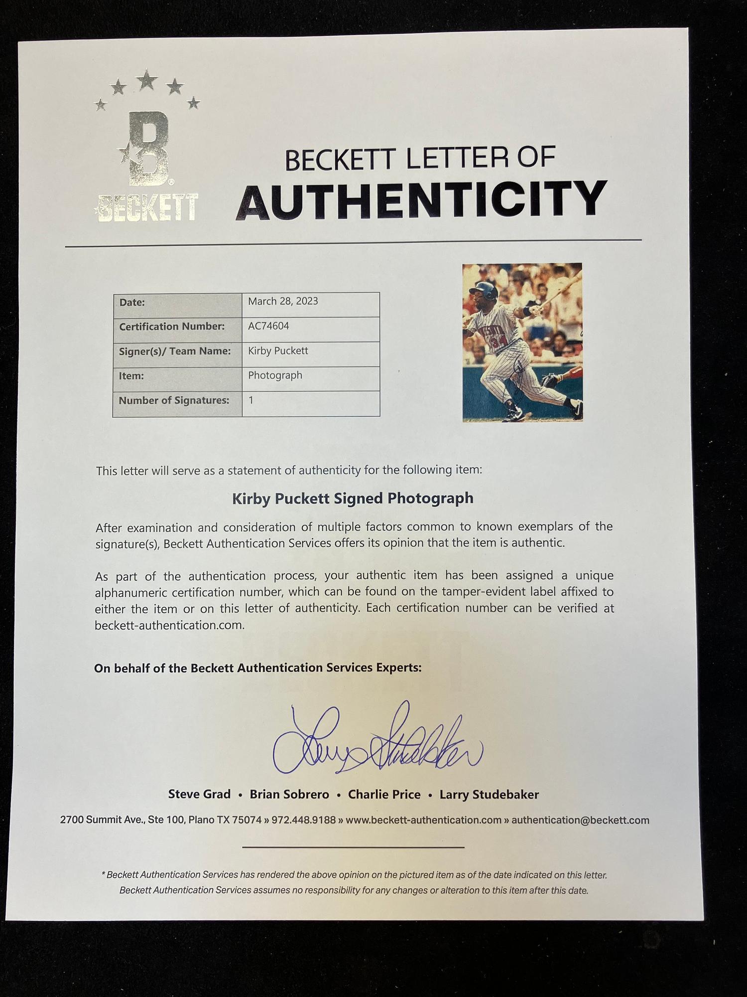 A Group of Kirby Puckett Signed Autograph Items (Beckett Authentication Services Letter),