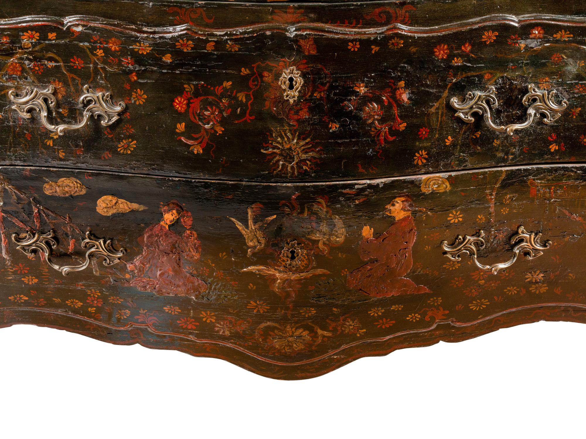 A Louis XV Gilt Bronze Mounted Painted Marble-Top Commode