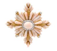 An 18 Karat Yellow Gold, Coral and Diamond Maltese Cross Brooch, Wander, France, 44.30 dwts.