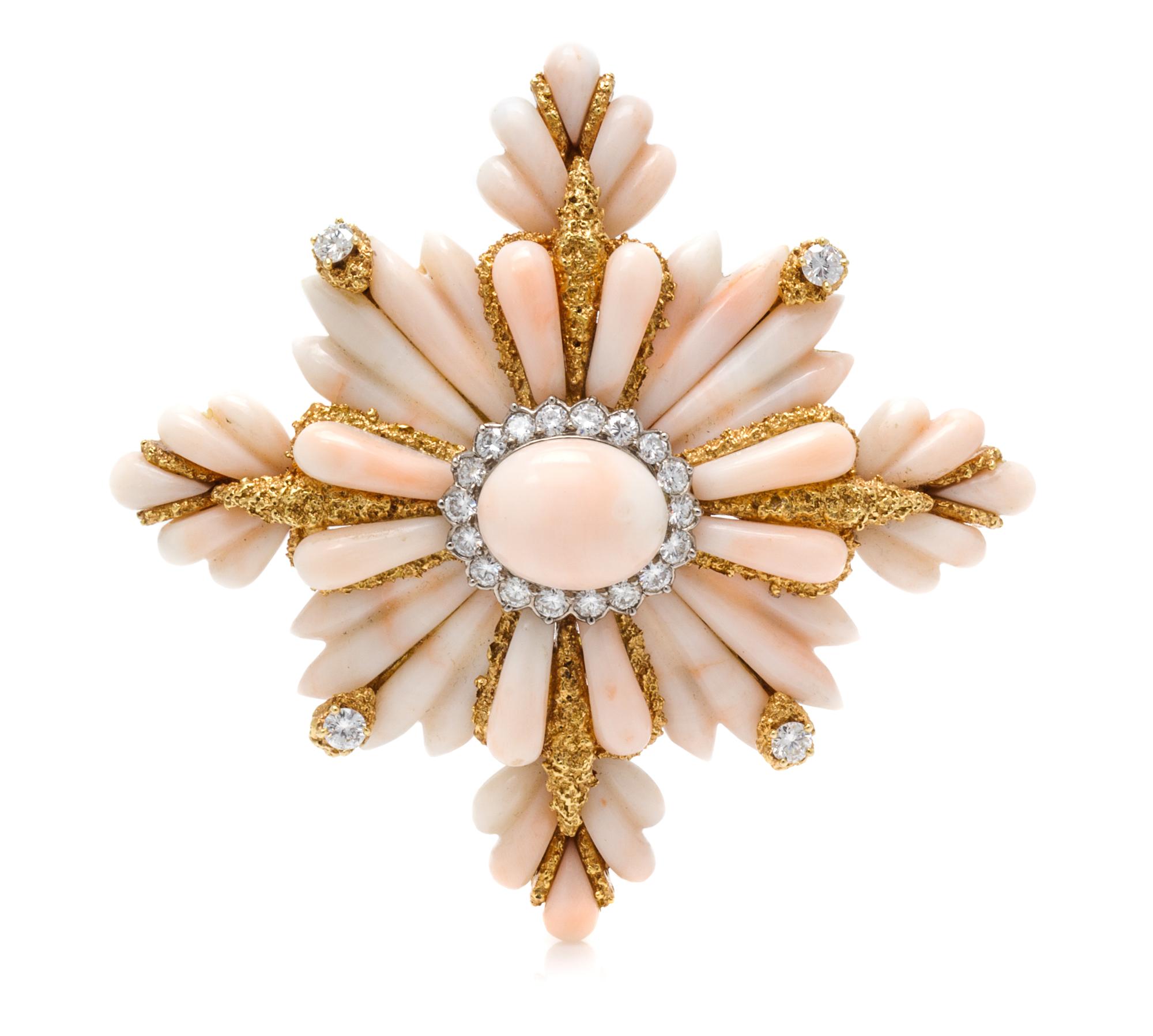An 18 Karat Yellow Gold, Coral and Diamond Maltese Cross Brooch, Wander, France, 44.30 dwts.