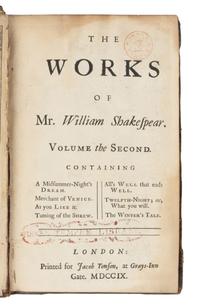 SHAKESPEARE, William (1564-1616). The Works of Mr. William Shakespear. Nicholas Rowe, editor. London: Jacob Tonson, 1709. [ With :] [ The Works…Volume the Seventh . London: E. Curll and E. Sanger, 1710].