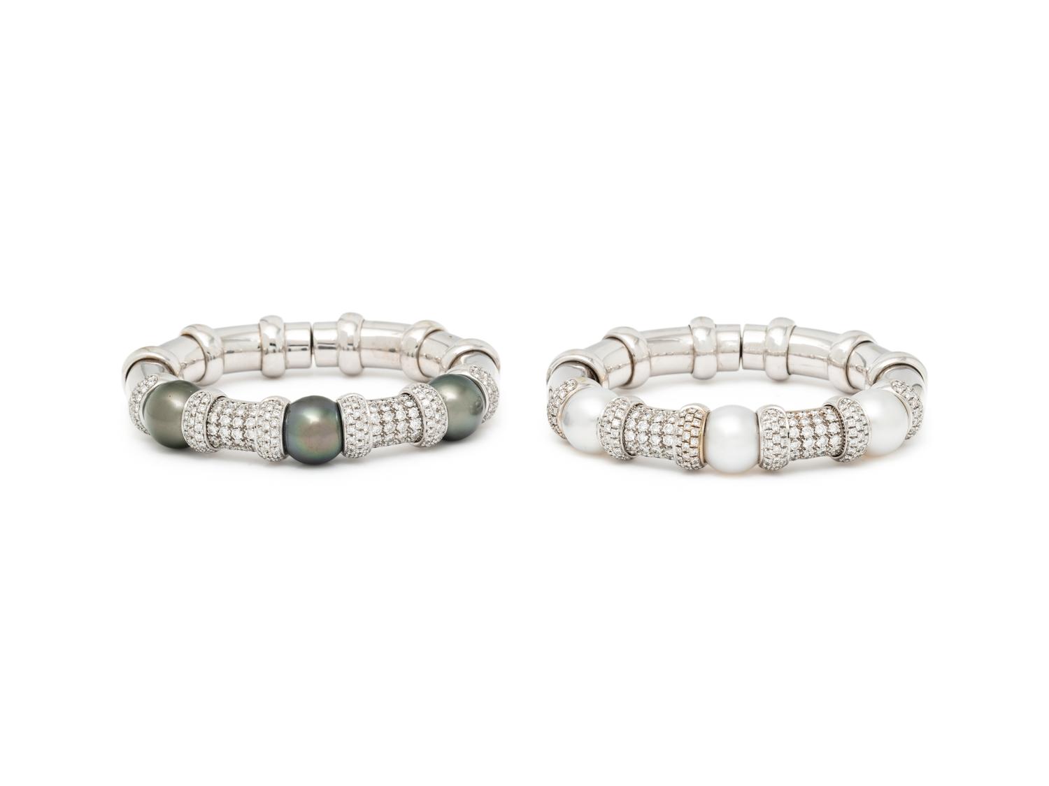 PAIR OF CULTURED PEARL, DIAMOND, AND WHITE GOLD CUFF BRACELETS