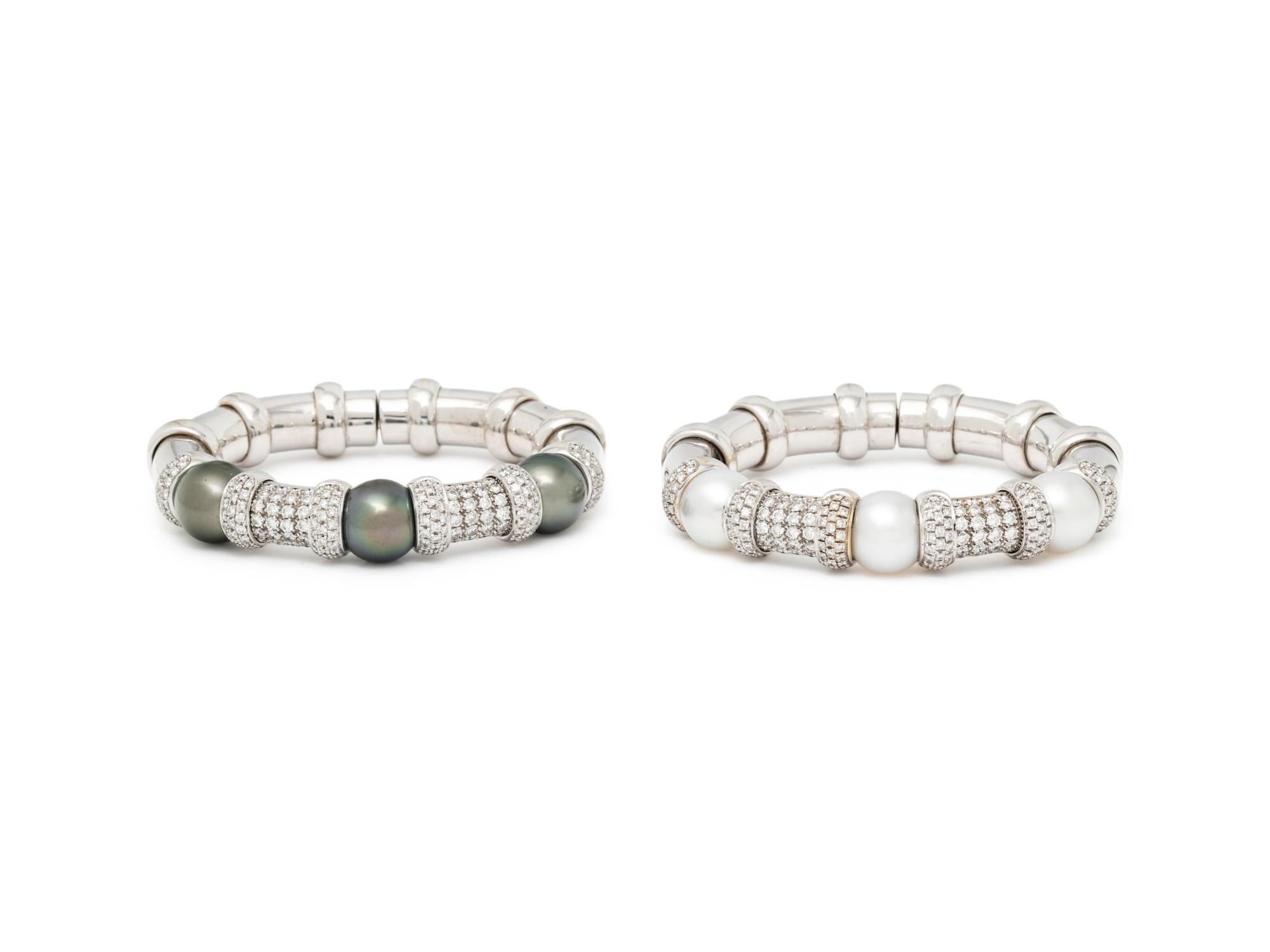PAIR OF CULTURED PEARL, DIAMOND, AND WHITE GOLD CUFF BRACELETS