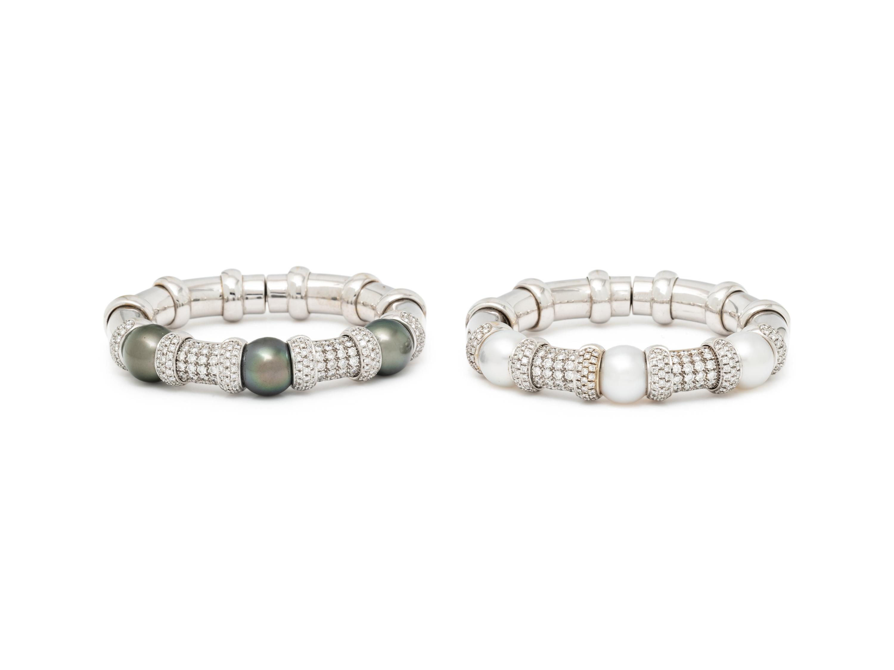 PAIR OF CULTURED PEARL, DIAMOND, AND WHITE GOLD CUFF BRACELETS